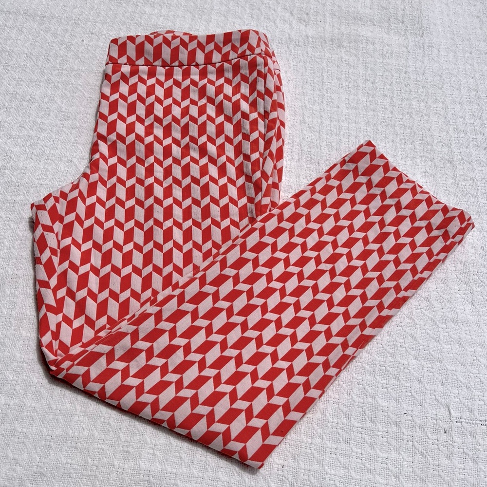 WORTHINGTON WOMENS SLIM FIT JACQUARD PANTS CORAL and WHITE CHEVRON